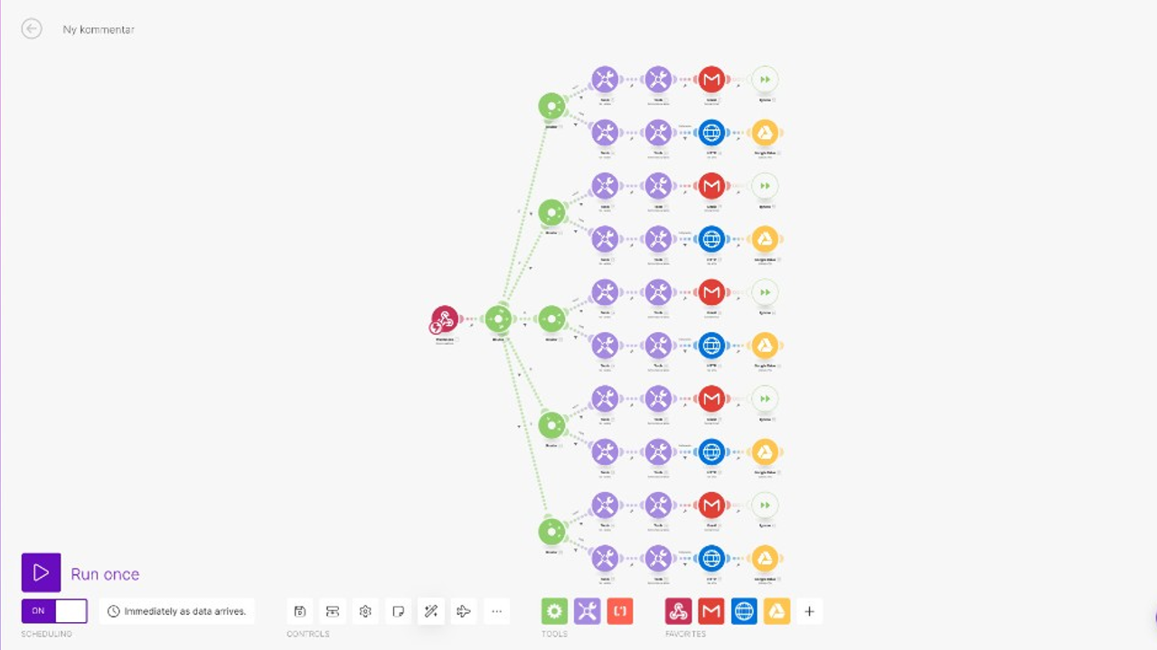 Make.com scenario with webhook routers branching to Gmail and Google Drive