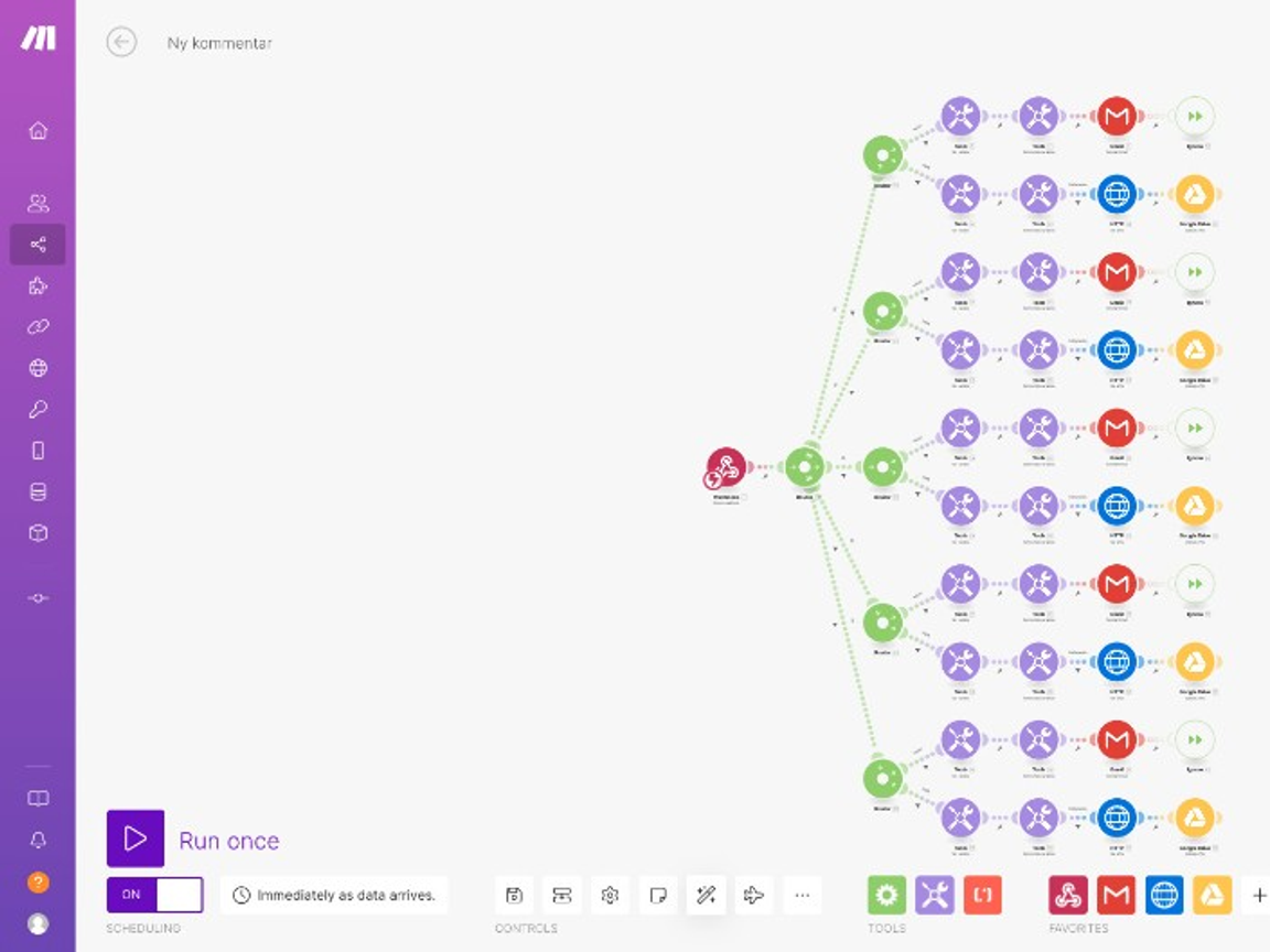 Make.com scenario builder with webhook routers branching to Gmail and Google Drive