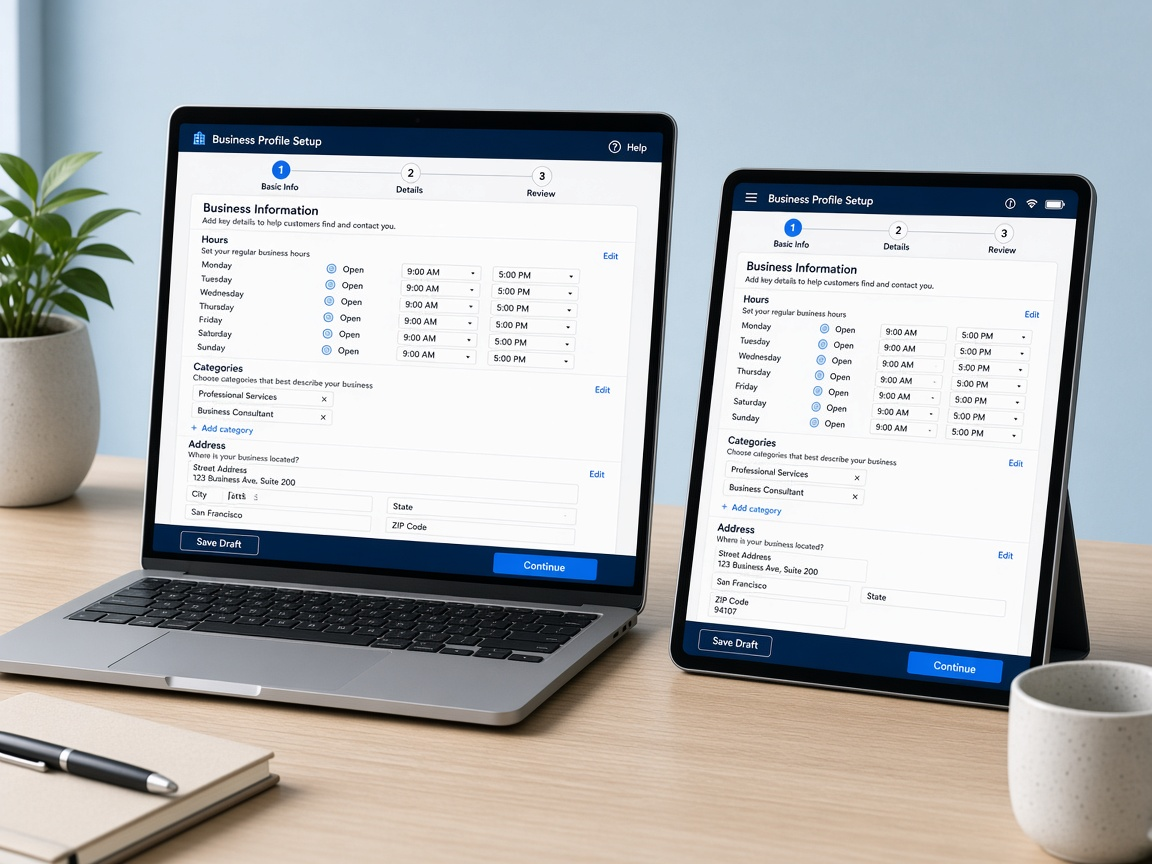 Desk setup for Google Business Profile configuration on laptop and tablet
