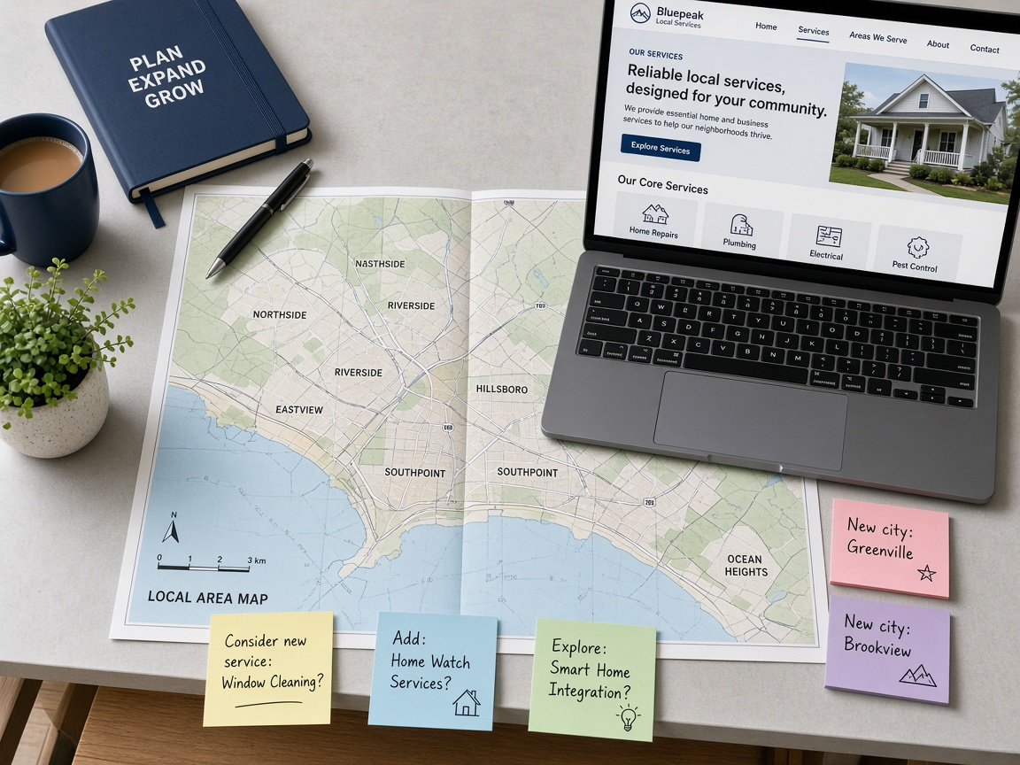 Map and laptop planning expansion into new service areas and pages