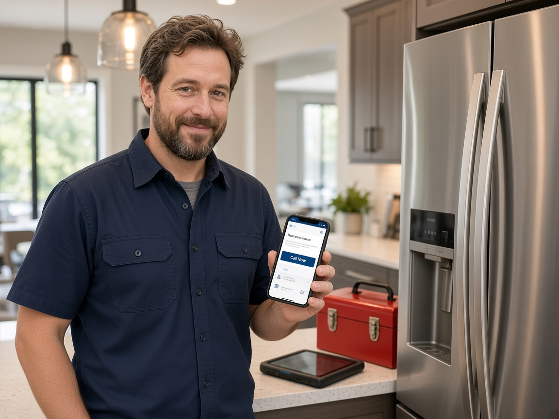 Appliance repair technician in a kitchen showing an appliance repair website on a phone