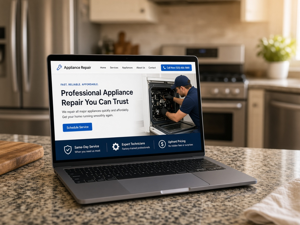 Laptop on a kitchen counter showing an appliance repair business website