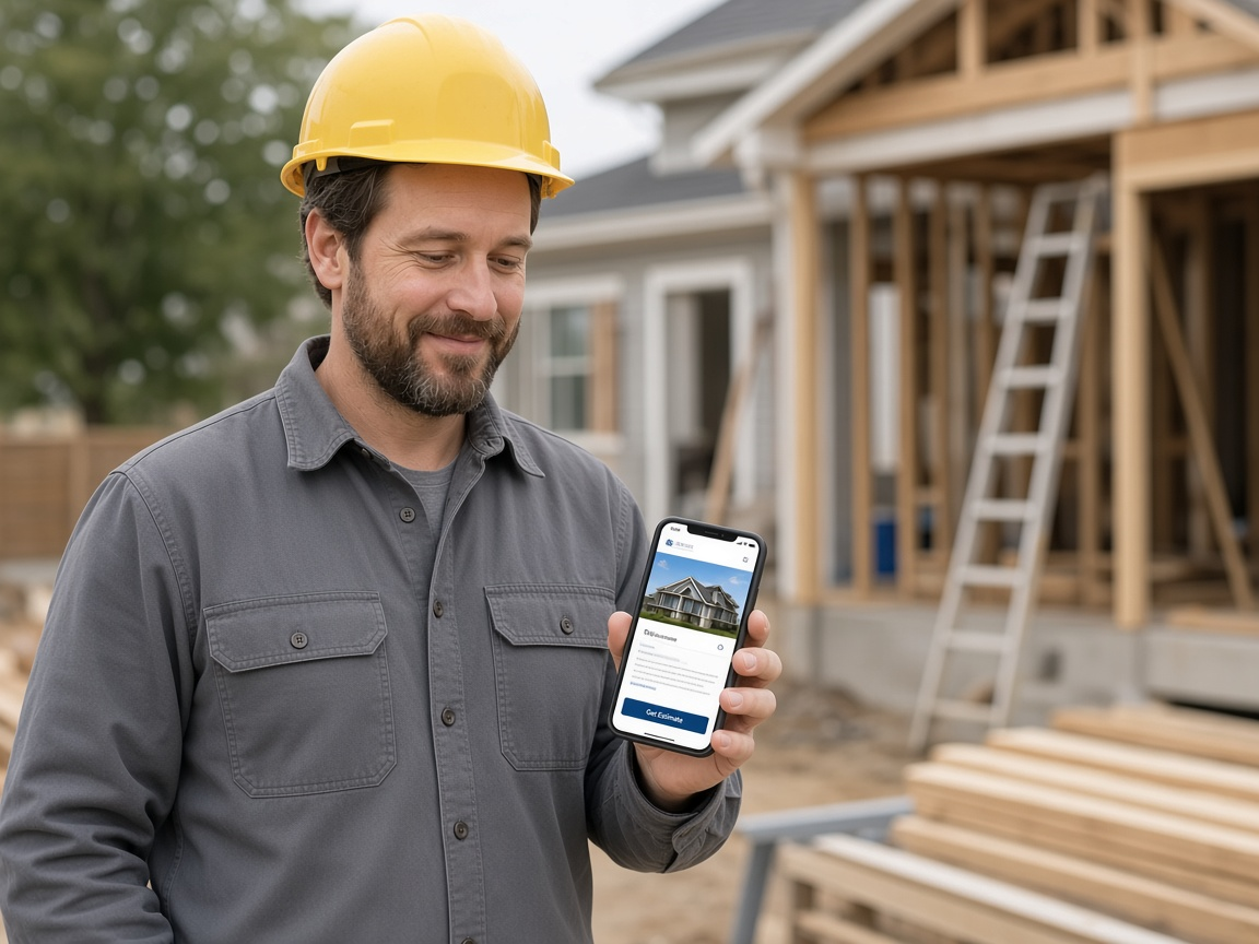 Contractor at a job site showing a contractor website with Get Estimate on a phone