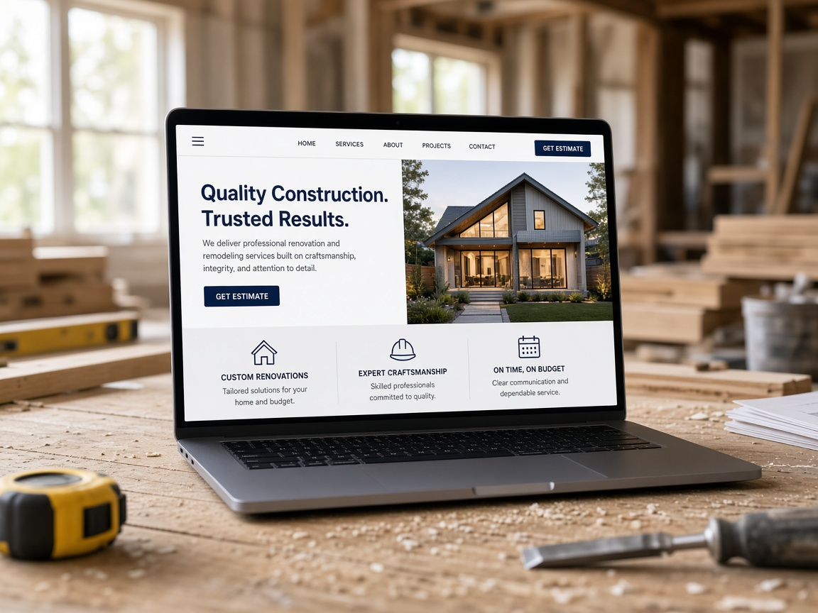 Laptop on a workbench showing a contractor business website at a renovation site