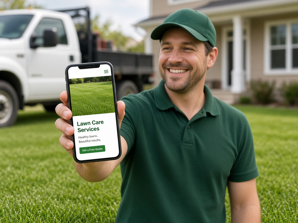Lawn care professional on a green lawn showing a lawn care website on a phone