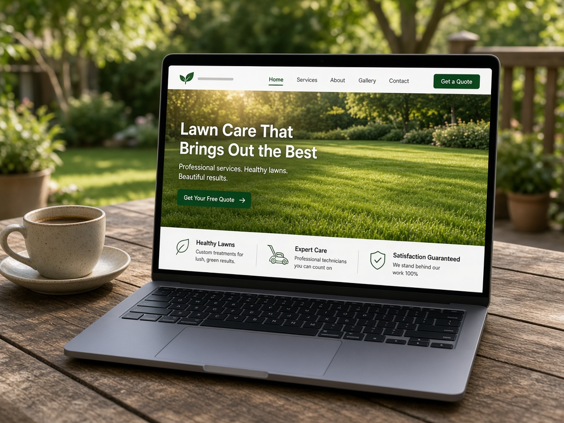 Laptop displaying a lawn care business website outdoors near a green yard