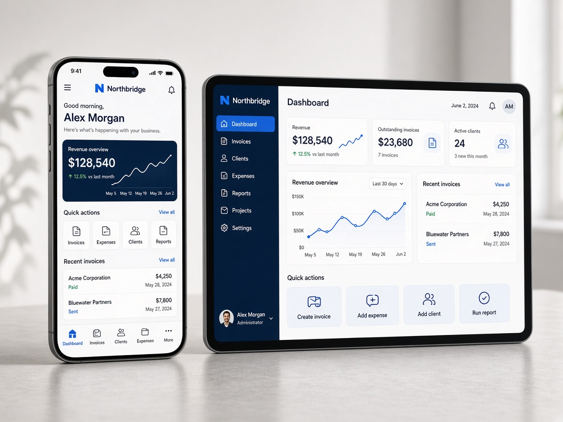 Phone and tablet showing a release-ready business mobile app