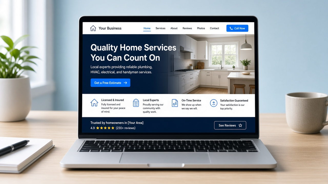 Laptop showing website development for a local business homepage